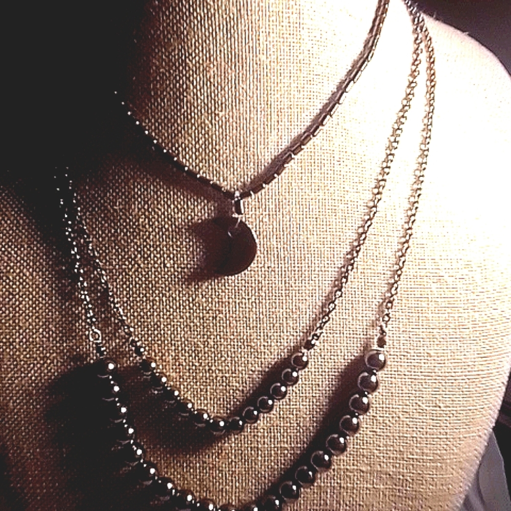 Black/Grey Faux Pearl Necklace on long Matching Chain Stone Half Moon Necklace